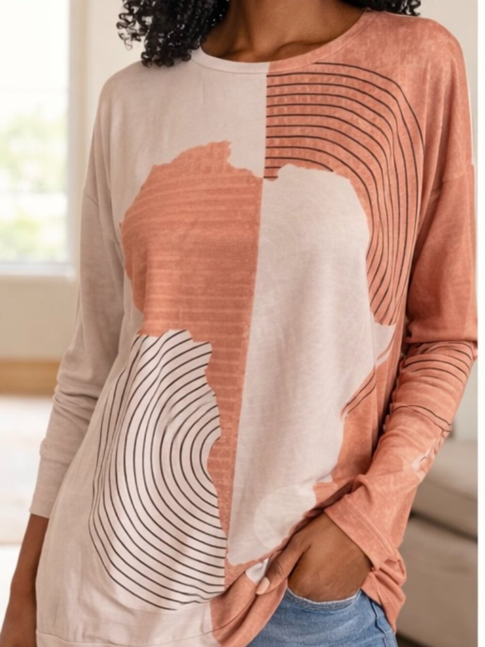 Womens Top featuring Abstract Earth-toned graphic and Circular Lines